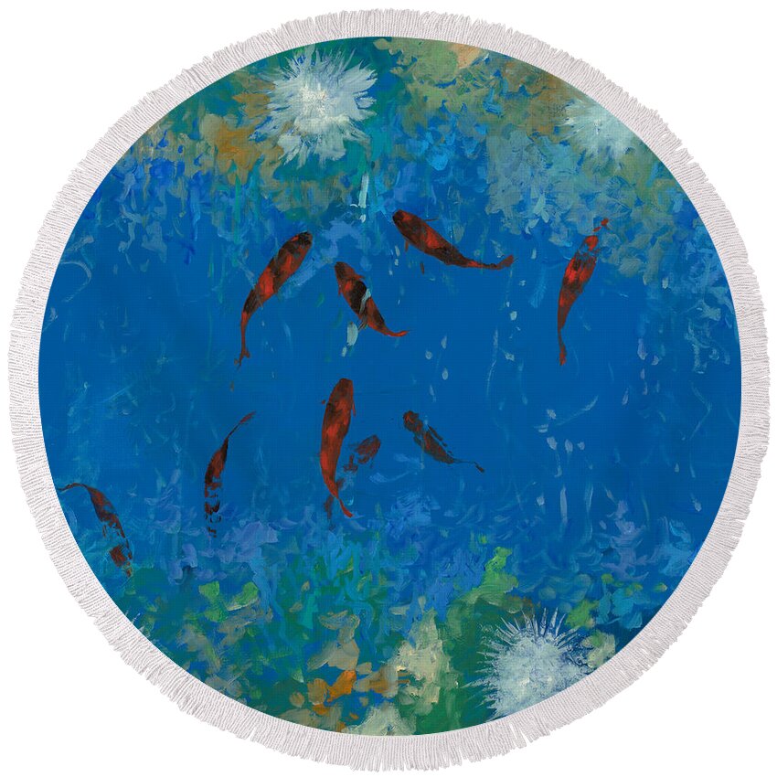 Fishscape Round Beach Towel featuring the painting 9 Pesciolini Rossi by Guido Borelli