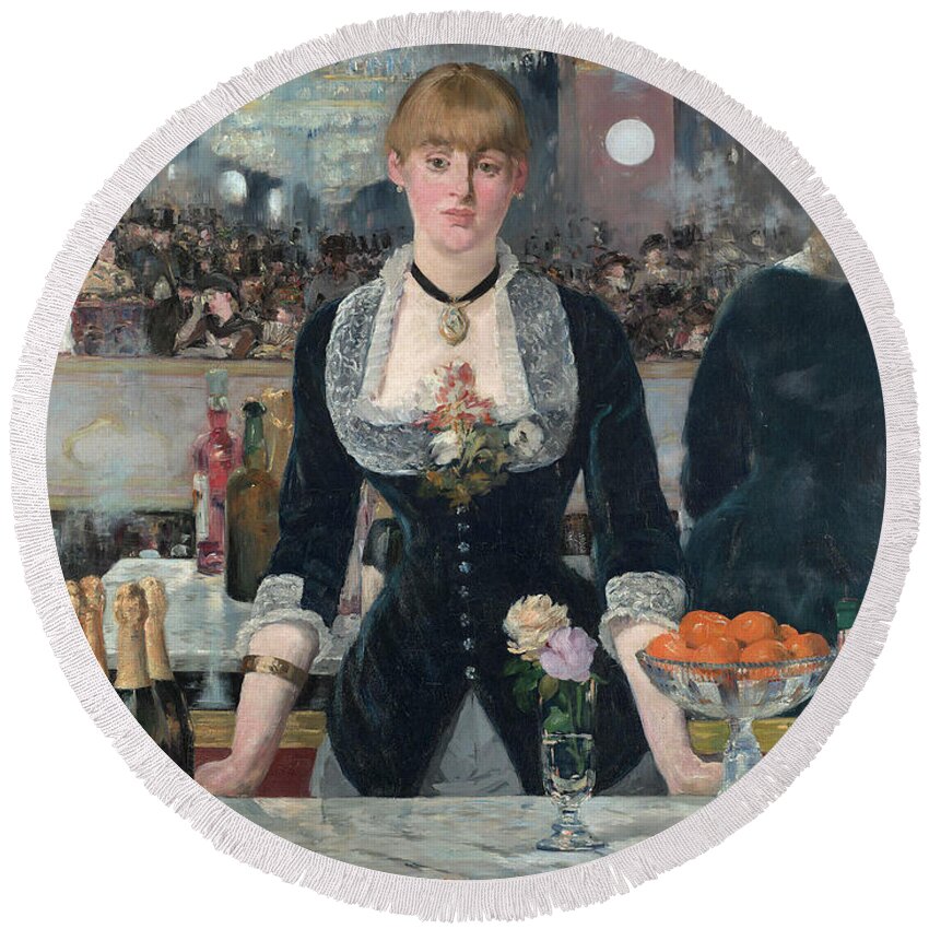 A Bar At The Folies-bergere Round Beach Towel featuring the painting A Bar at the Folies-Bergere #5 by Edouard Manet