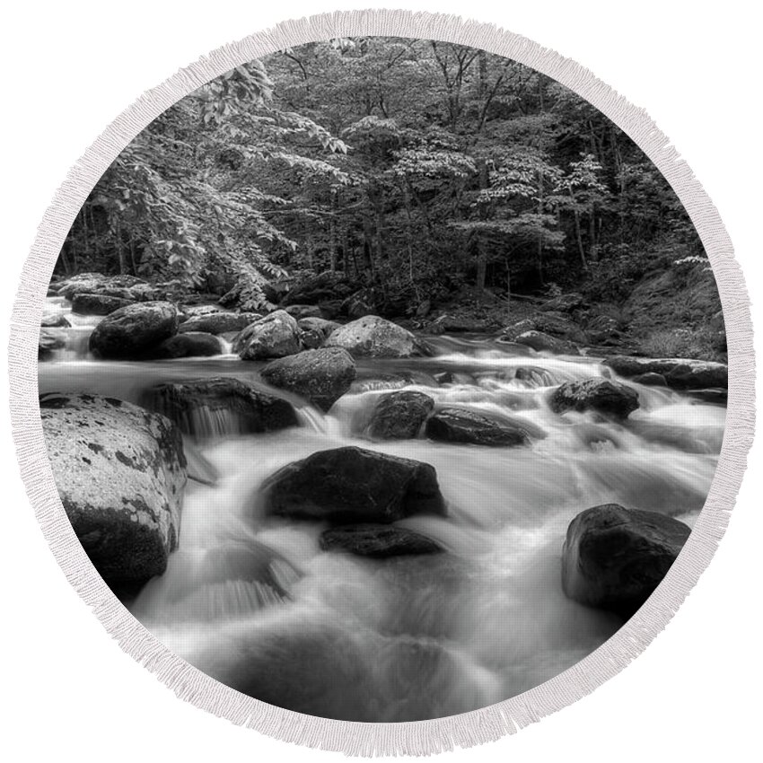 Monochrome River Scene Round Beach Towel featuring the photograph A Black And White River by Mike Eingle