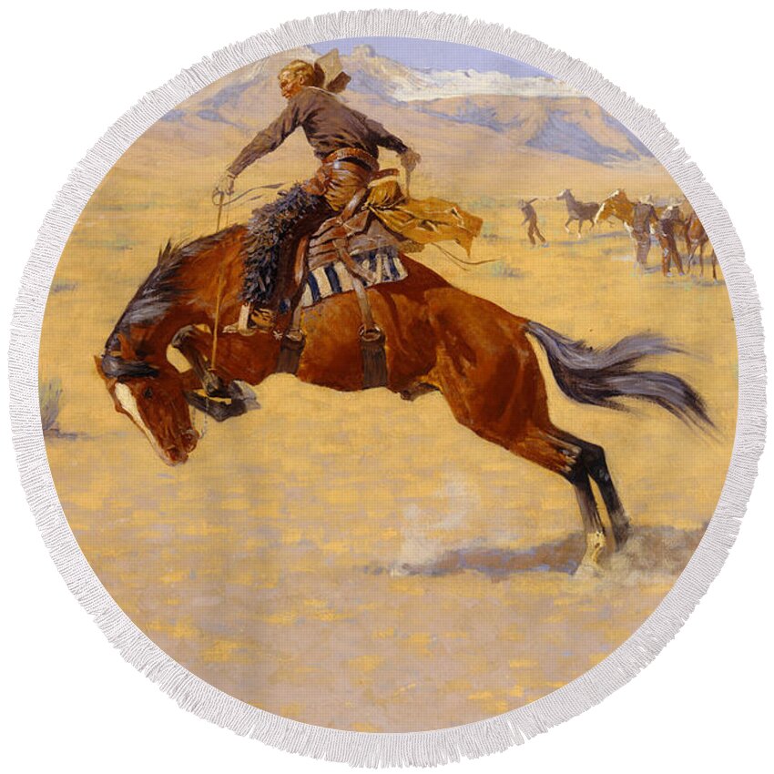 Cowboy; Horse; Pony; Rearing; Bronco; Wild West; Old West; Plain; Plains; American; Landscape; Breaking; Horses; Snow-capped; Mountains; Mountainous Round Beach Towel featuring the painting A Cold Morning on the Range by Frederic Remington