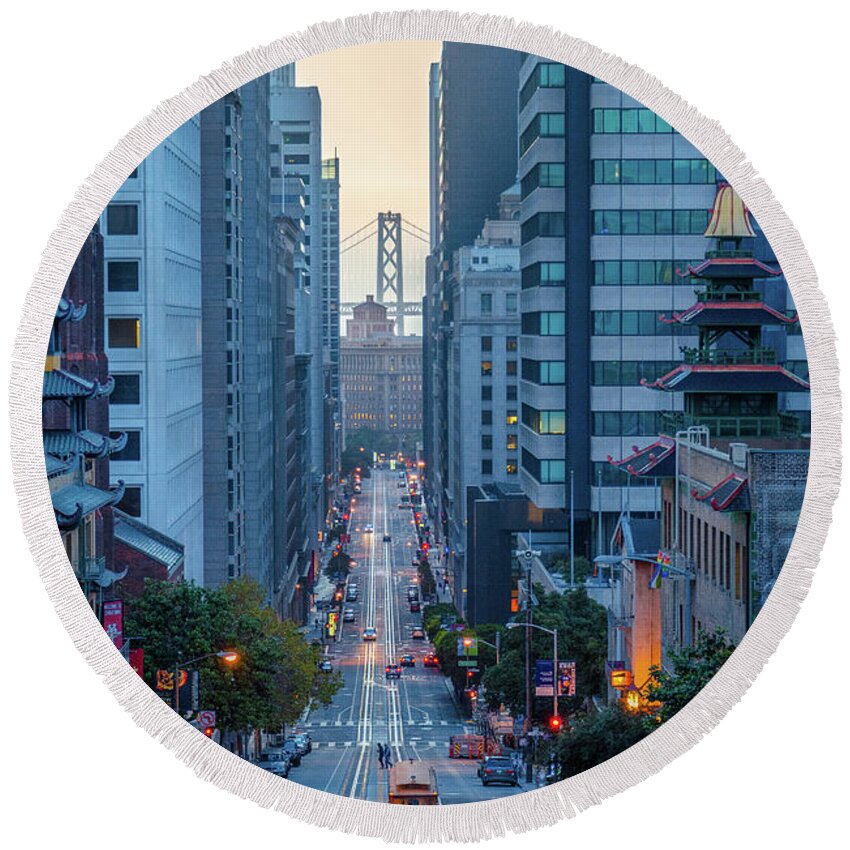 Alcatraz Round Beach Towel featuring the photograph A Morning on California Street #1 by JR Photography