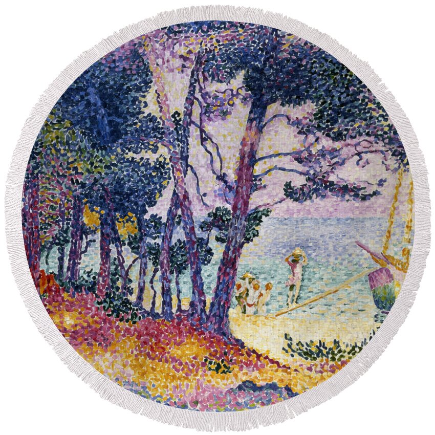A Pine Grove Round Beach Towel featuring the painting A Pine Grove by Henri-Edmond Cross