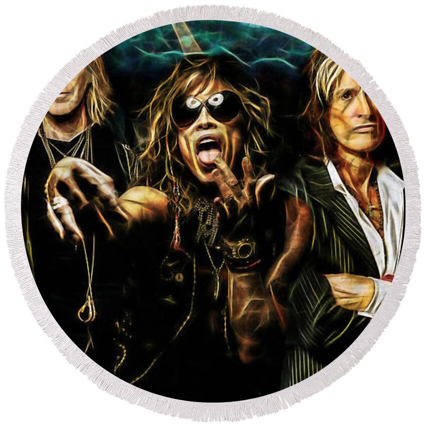 Steven Tyler Round Beach Towel featuring the mixed media Aerosmith Collection #1 by Marvin Blaine