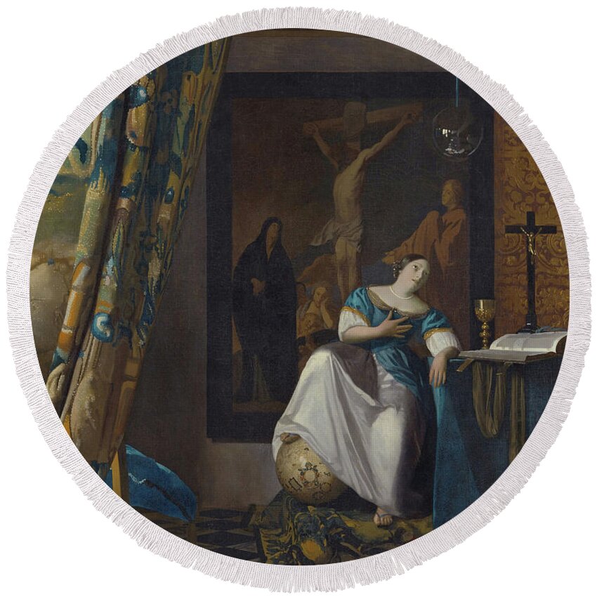 Vermeer Round Beach Towel featuring the painting Allegory of the Faith by Jan Vermeer
