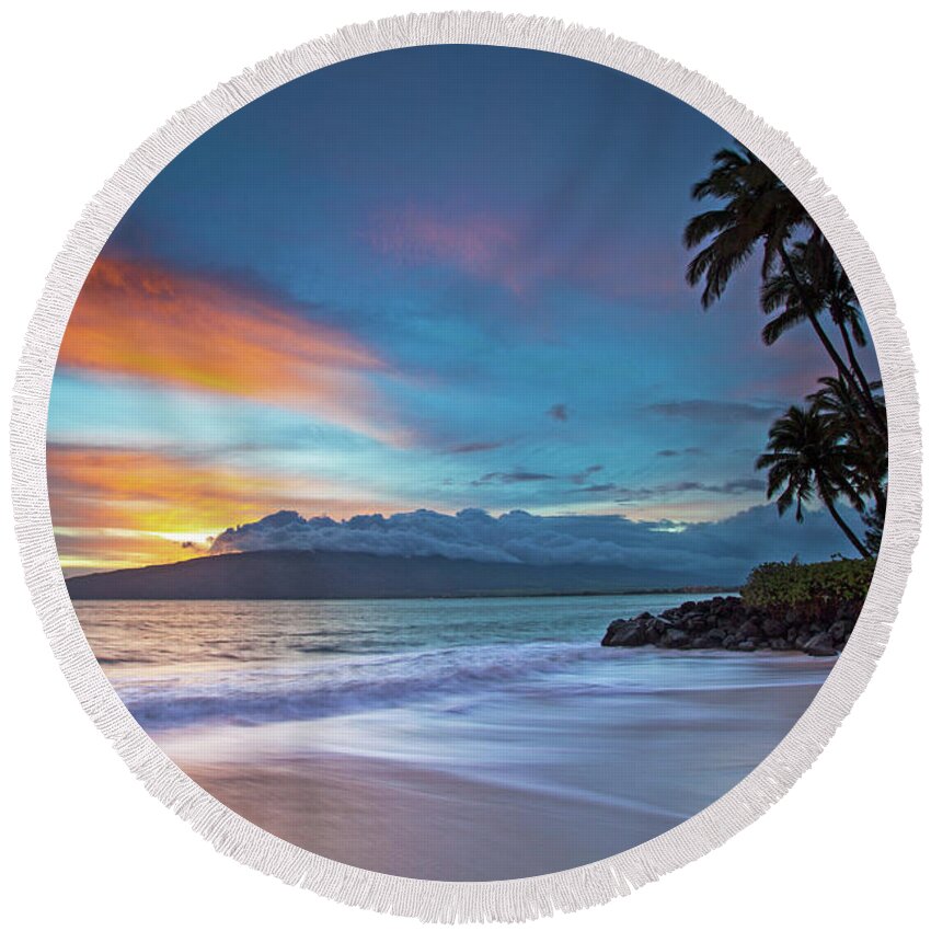 Maui Sunset Seascape Sunset Ocean Palmtrees Clouds Round Beach Towel featuring the photograph Along The Shore #1 by James Roemmling