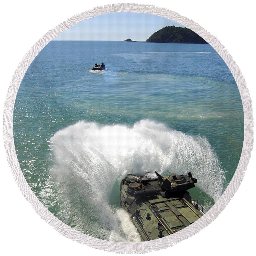 Navy Round Beach Towel featuring the photograph Amphibious Assault Vehicles Exit #1 by Stocktrek Images