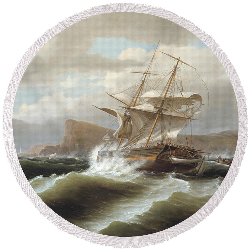 Thomas Birch Round Beach Towel featuring the painting An American Ship in Distress #1 by Thomas Birch