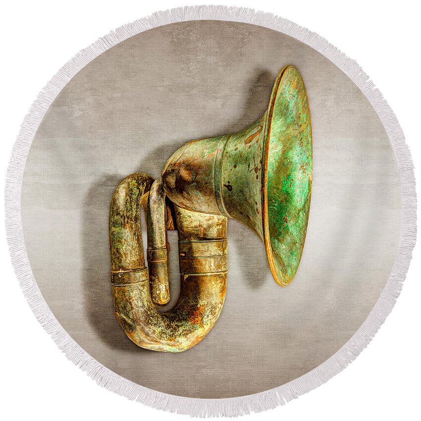 Antique Round Beach Towel featuring the photograph Antique Brass Car Horn #1 by YoPedro