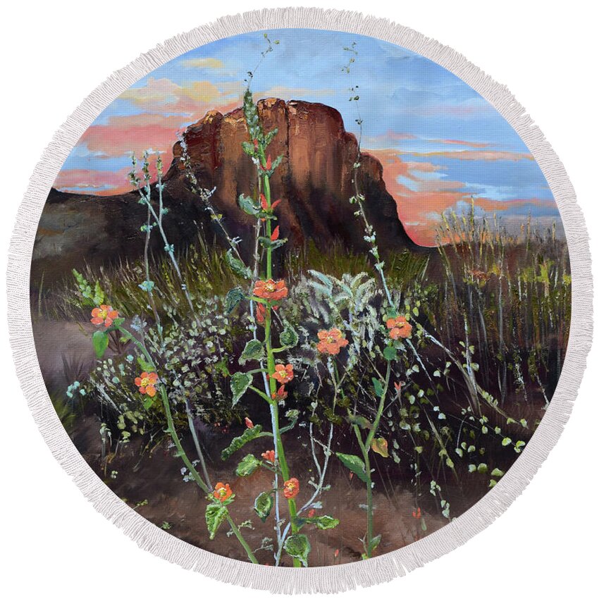 Landscape Round Beach Towel featuring the painting Arizona Desert Flowers-Dwarf Indian Mallow #1 by Jan Dappen