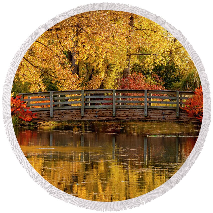 Hudson Gardens Round Beach Towel featuring the photograph Autumn in the Park #1 by Teri Virbickis