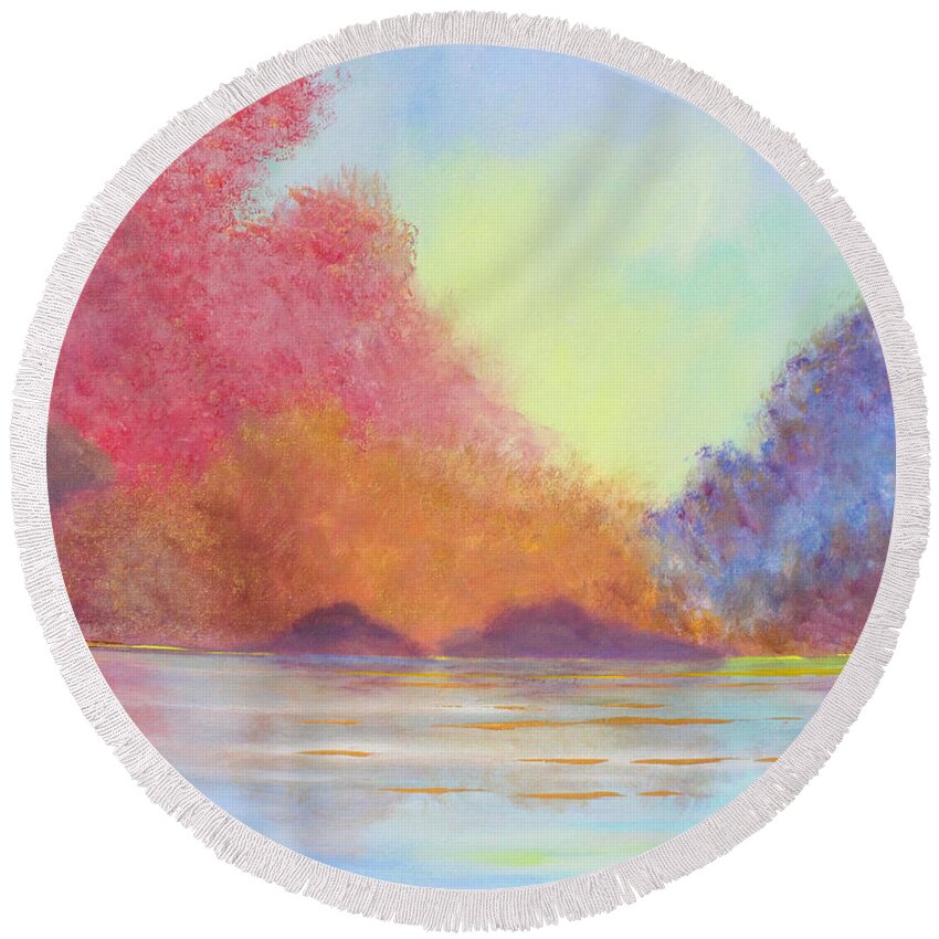 Fall Round Beach Towel featuring the painting Autumn's Aura #1 by Stacey Zimmerman
