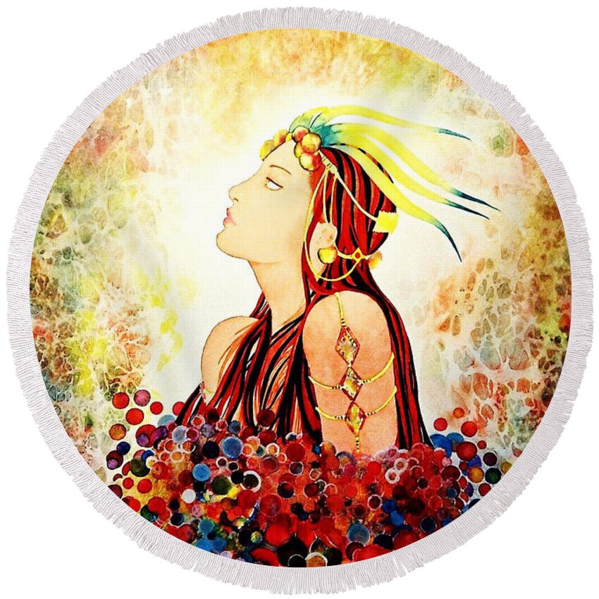 Exotic Round Beach Towel featuring the painting Awakening #1 by Frances Ku