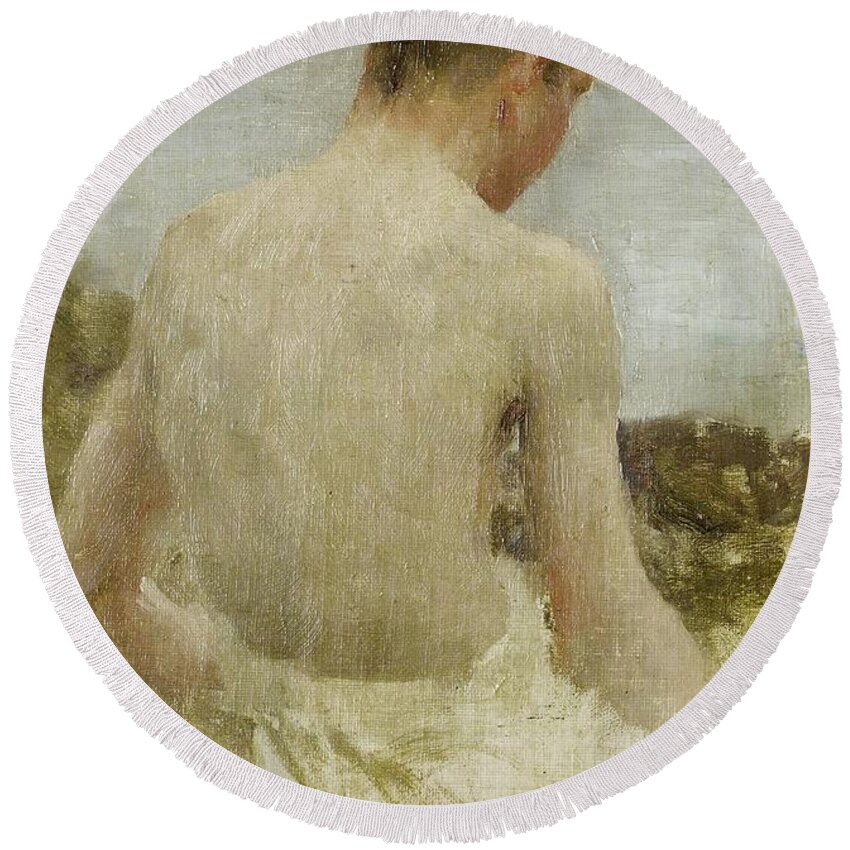 Henry Scott Tuke Round Beach Towel featuring the painting Back of a Boy Bather #2 by Henry Scott Tuke