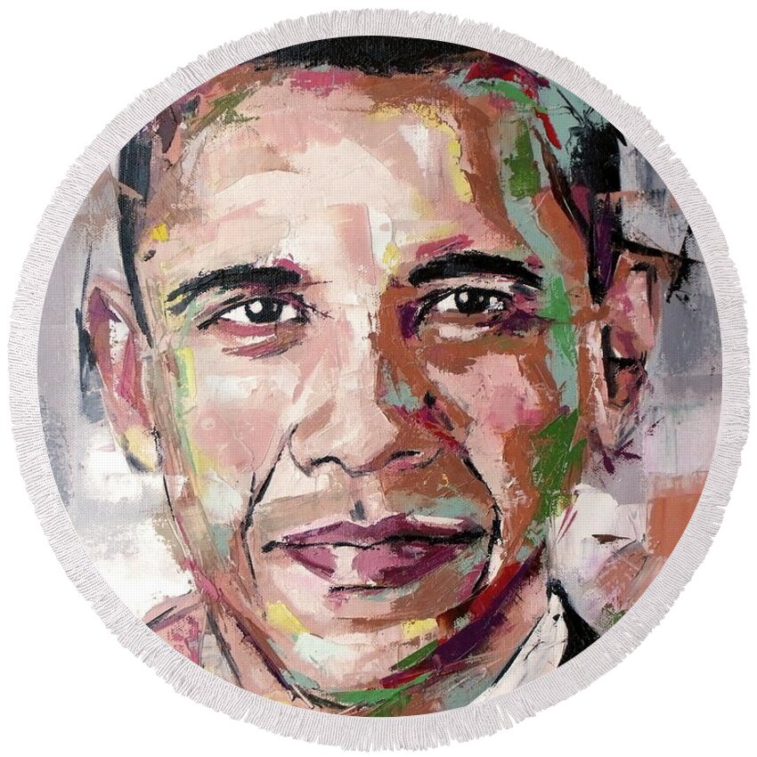 Barack Round Beach Towel featuring the painting Barack Obama #1 by Richard Day