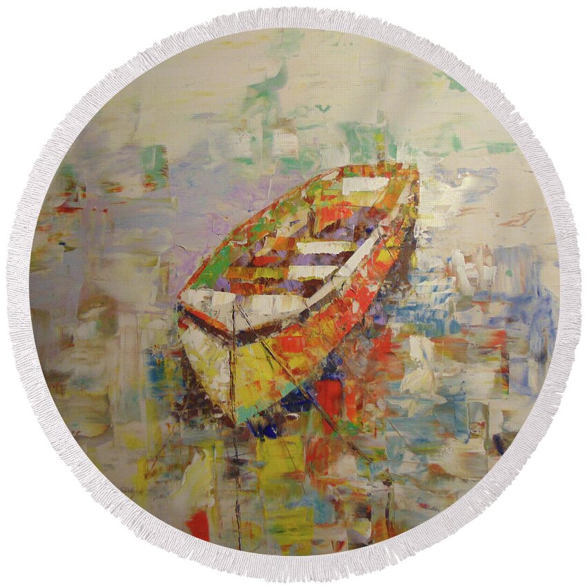 Frederic Payet Round Beach Towel featuring the painting Barque #1 by Frederic Payet