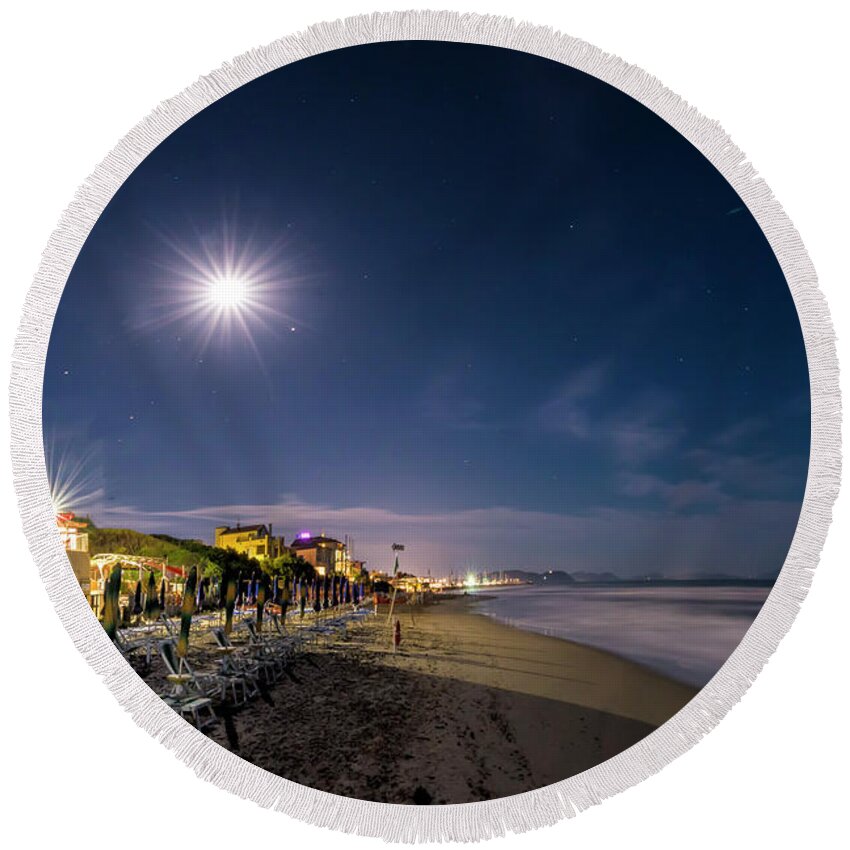 Passeggiatealevante Round Beach Towel featuring the photograph Beach At Night - Spiaggia Di Notte #2 by Enrico Pelos