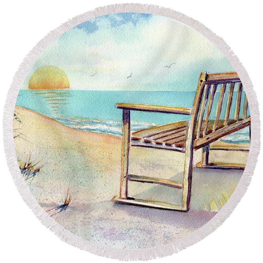 Beach Round Beach Towel featuring the painting Beach Bench by Midge Pippel