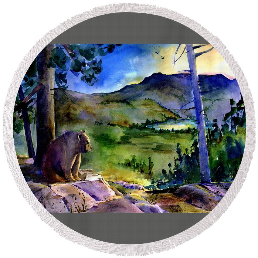 Bear Round Beach Towel featuring the painting Bearly Light at Castle Peak #1 by Joan Chlarson