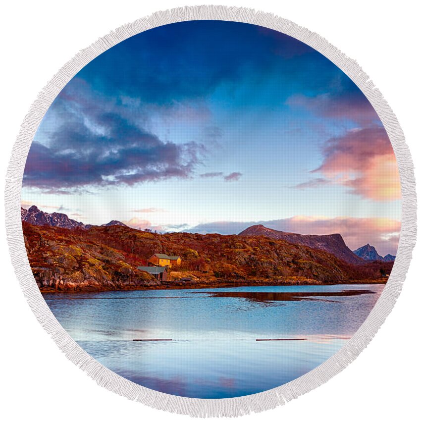 Arctic Round Beach Towel featuring the photograph Beautiful sunset landscape #1 by Anna Om