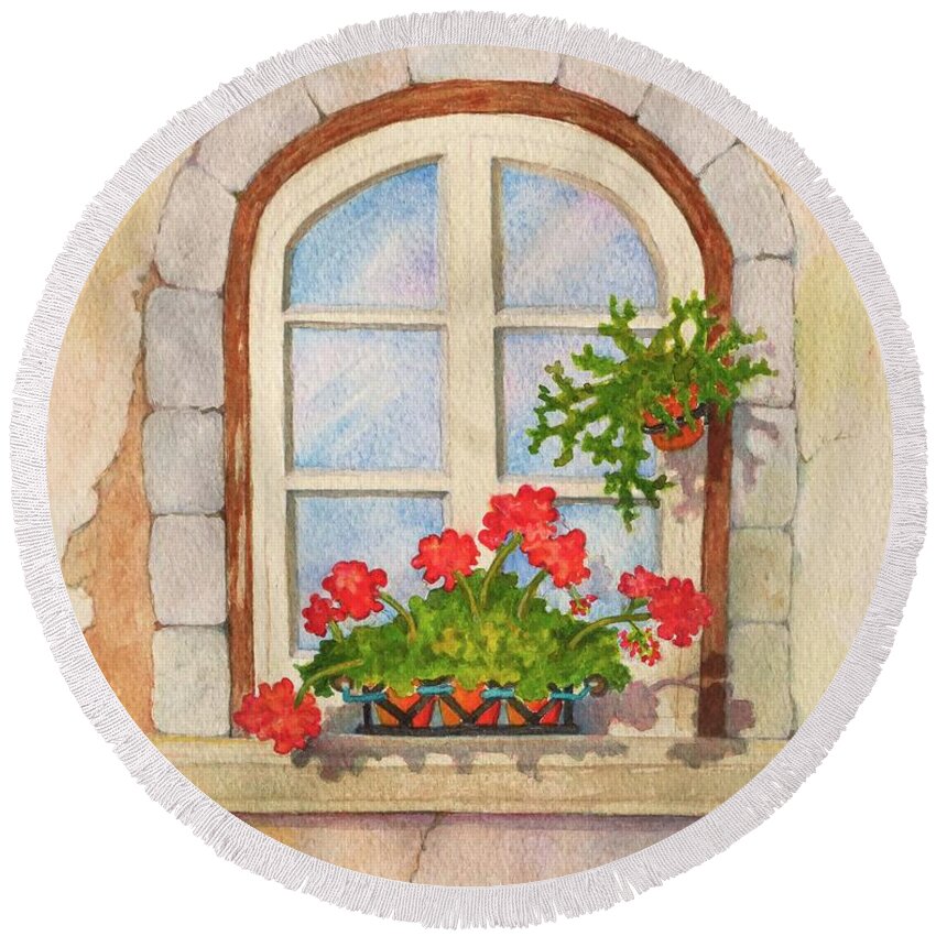 Window Round Beach Towel featuring the painting Biding Time #2 by Mary Ellen Mueller Legault