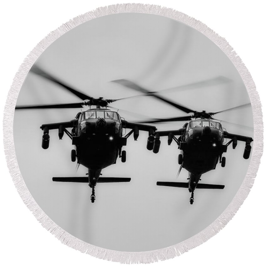 Uh-60 Black Hawk Round Beach Towel featuring the photograph Black Hawks On Patrol #1 by Mountain Dreams