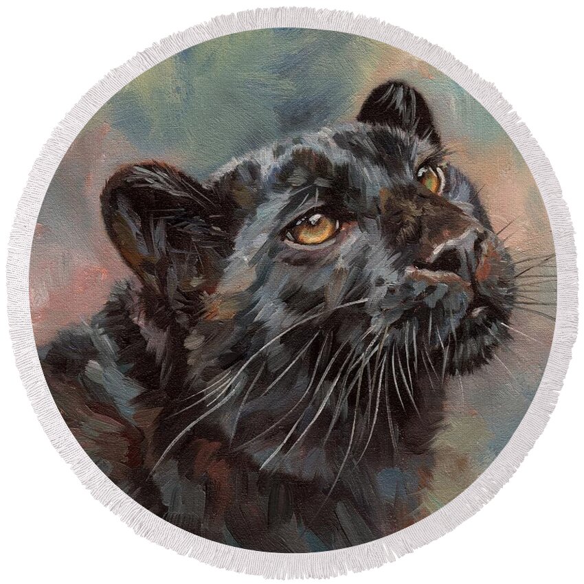 Blacl Round Beach Towel featuring the painting Black Leopard #1 by David Stribbling