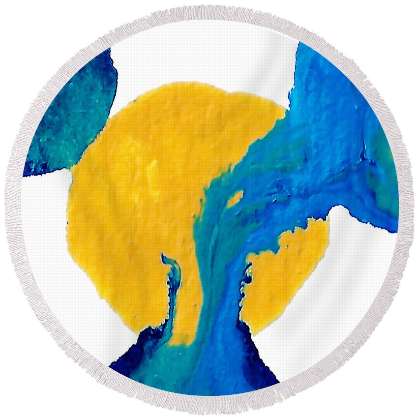 Abstract Round Beach Towel featuring the painting Blue and Yellow Sea Interactions by Amy Vangsgard