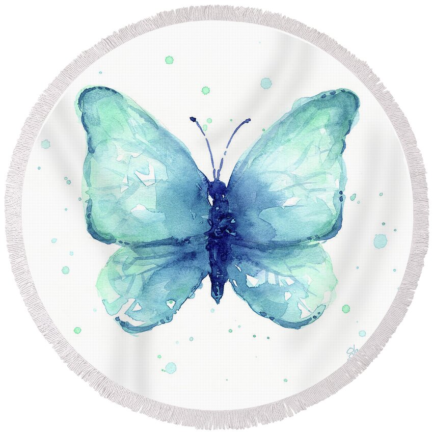 Blue Round Beach Towel featuring the painting Blue Butterfly Watercolor by Olga Shvartsur