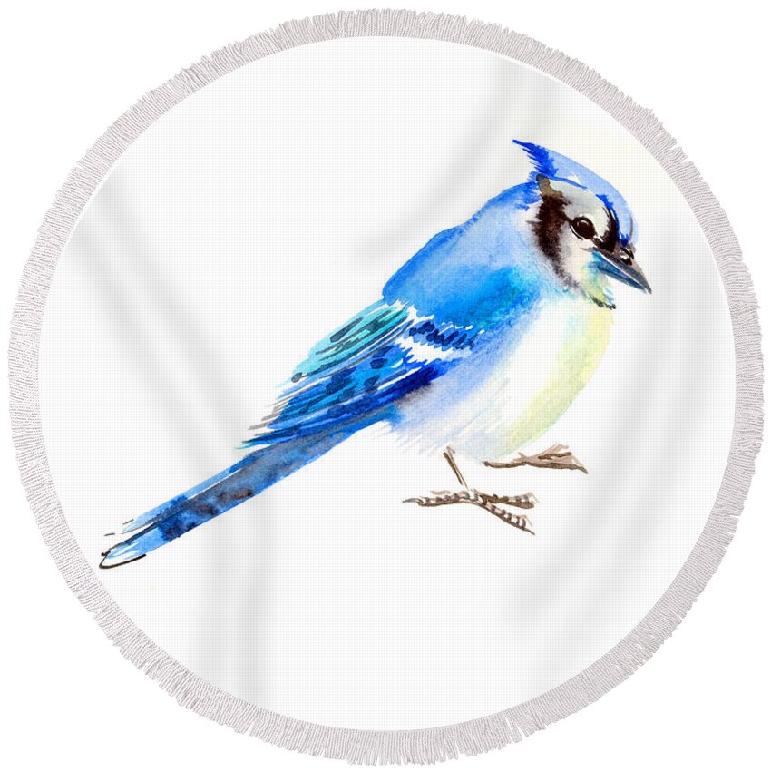 Blue Jay Round Beach Towel featuring the painting Blue Jay #1 by Suren Nersisyan