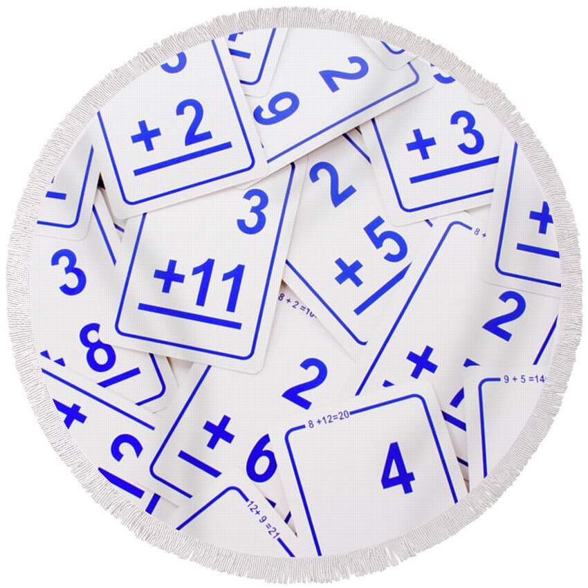 School Supplies Round Beach Towel featuring the photograph Blue Math Cards #1 by Anthony Totah