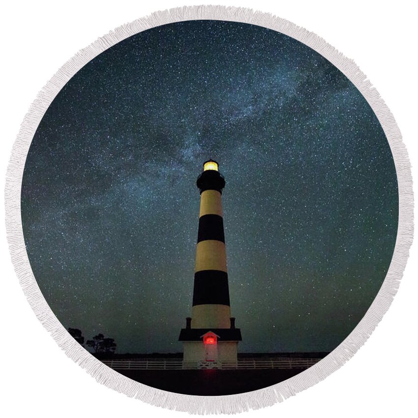 Milky Way Round Beach Towel featuring the photograph Bodie lighthouse and Milky Way #1 by Jack Nevitt