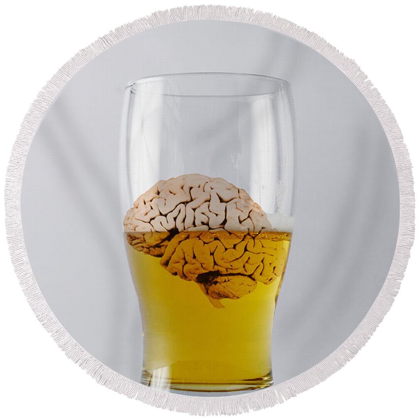 Beer Round Beach Towel featuring the photograph Brain And Alcohol, Conceptual #1 by Mary Martin