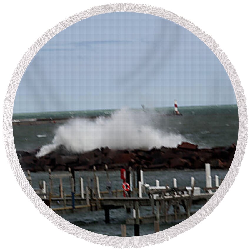 Landscape Round Beach Towel featuring the photograph Breakwall #1 by Jean Wolfrum