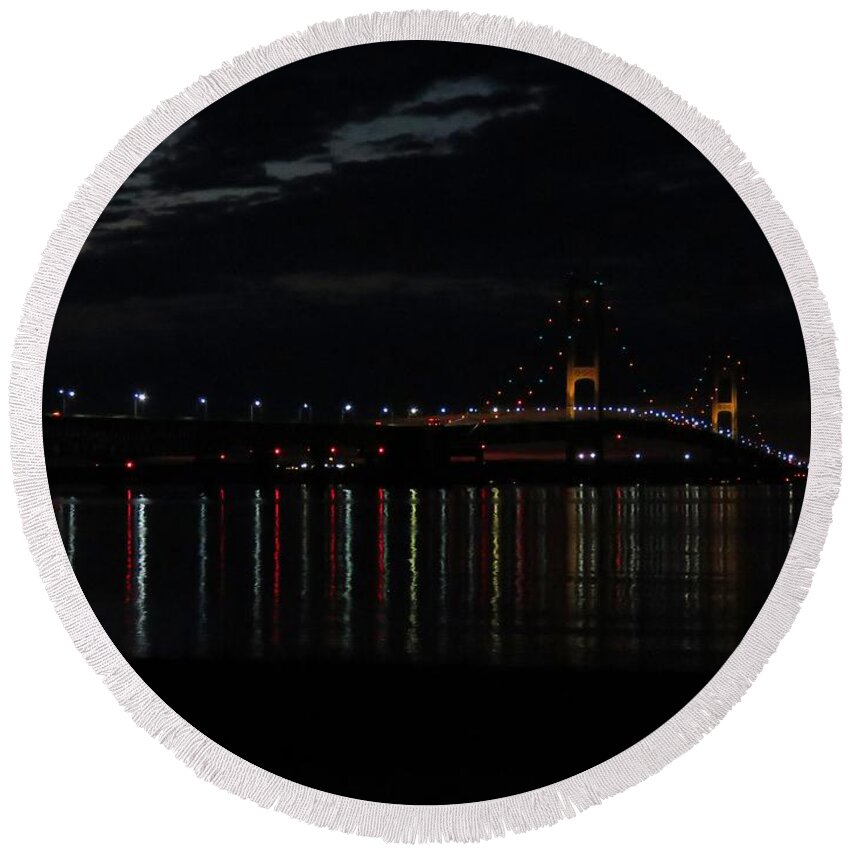 Mackinac Bridge Round Beach Towel featuring the photograph Bridge at Dusk #1 by Keith Stokes