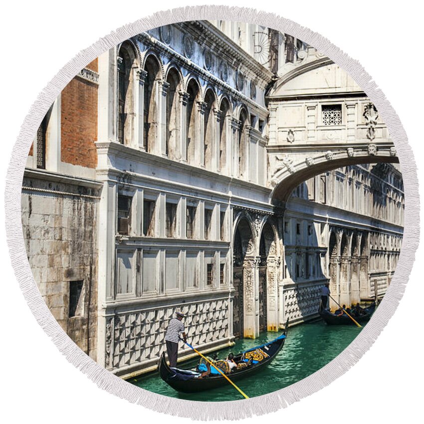 Architecture Round Beach Towel featuring the photograph Bridge of sighs and gondolas Venezia #1 by Sandra Rugina