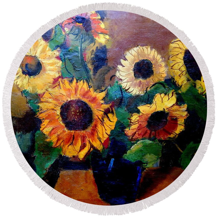  Sunflowers Round Beach Towel featuring the painting By Edgar A. Batzell Sunflowers by Priscilla Batzell Expressionist Art Studio Gallery