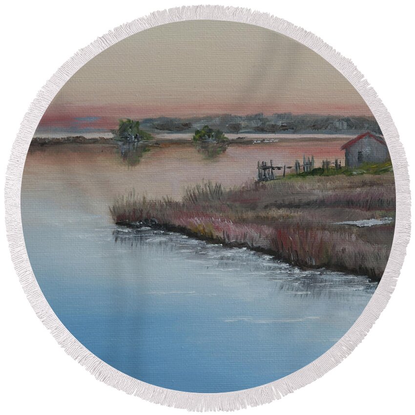 Painting Round Beach Towel featuring the mixed media Cape Cod Sunset - Oil on canvas by Jean-Pierre Ducondi