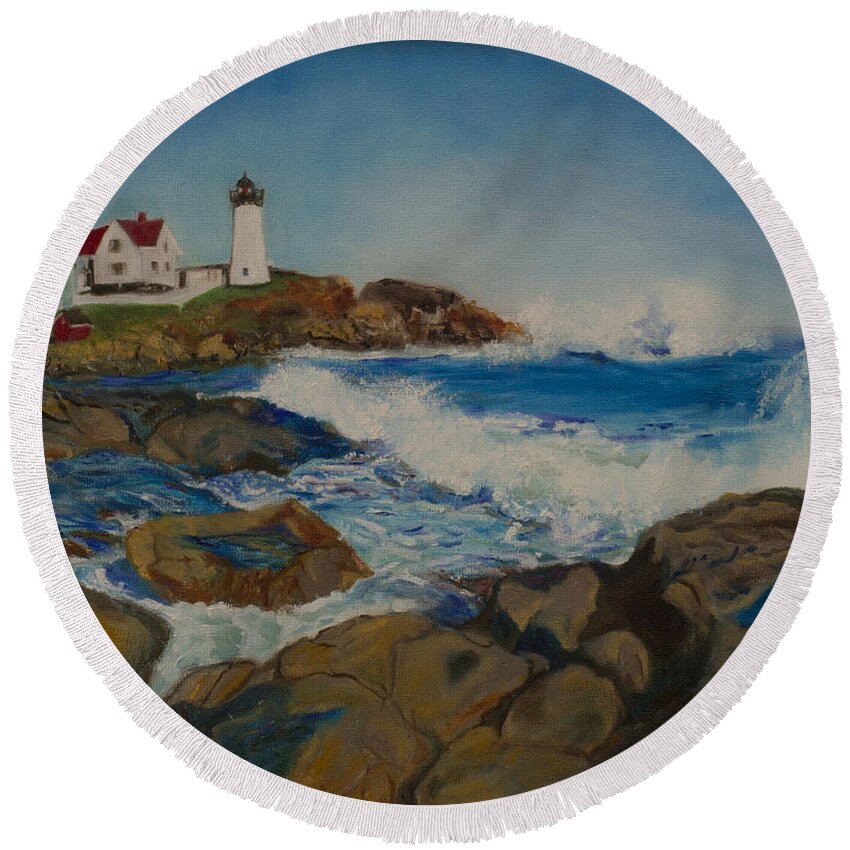 Seascape Round Beach Towel featuring the painting Cape Neddick by Kathy Knopp