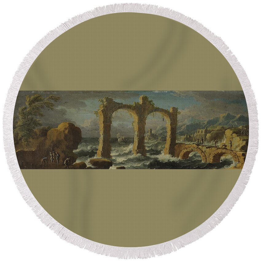 Leonardo Coccorante Napoli 1680 � 1750 Round Beach Towel featuring the painting Capriccio with a storm on the sea by MotionAge Designs