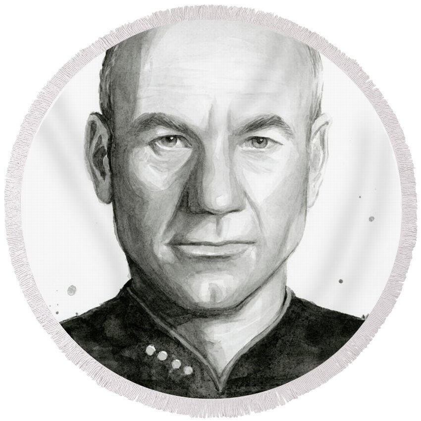 Captain Picard Round Beach Towel featuring the painting Captain Picard by Olga Shvartsur