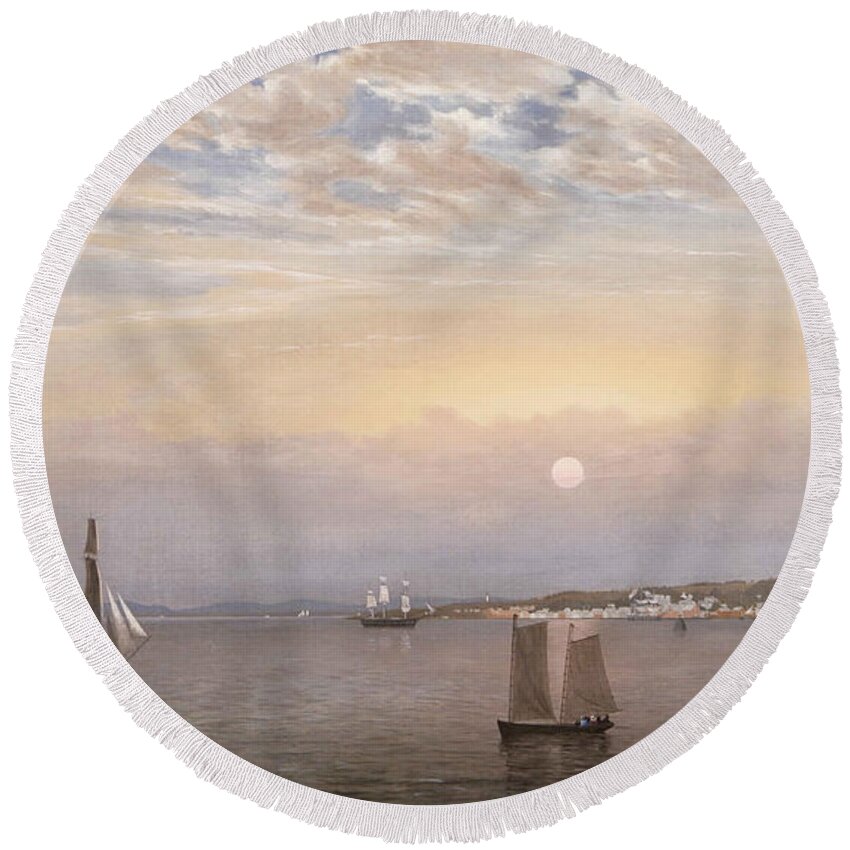 Fitz Henry Lane Round Beach Towel featuring the painting Castine Harbor and Town by MotionAge Designs