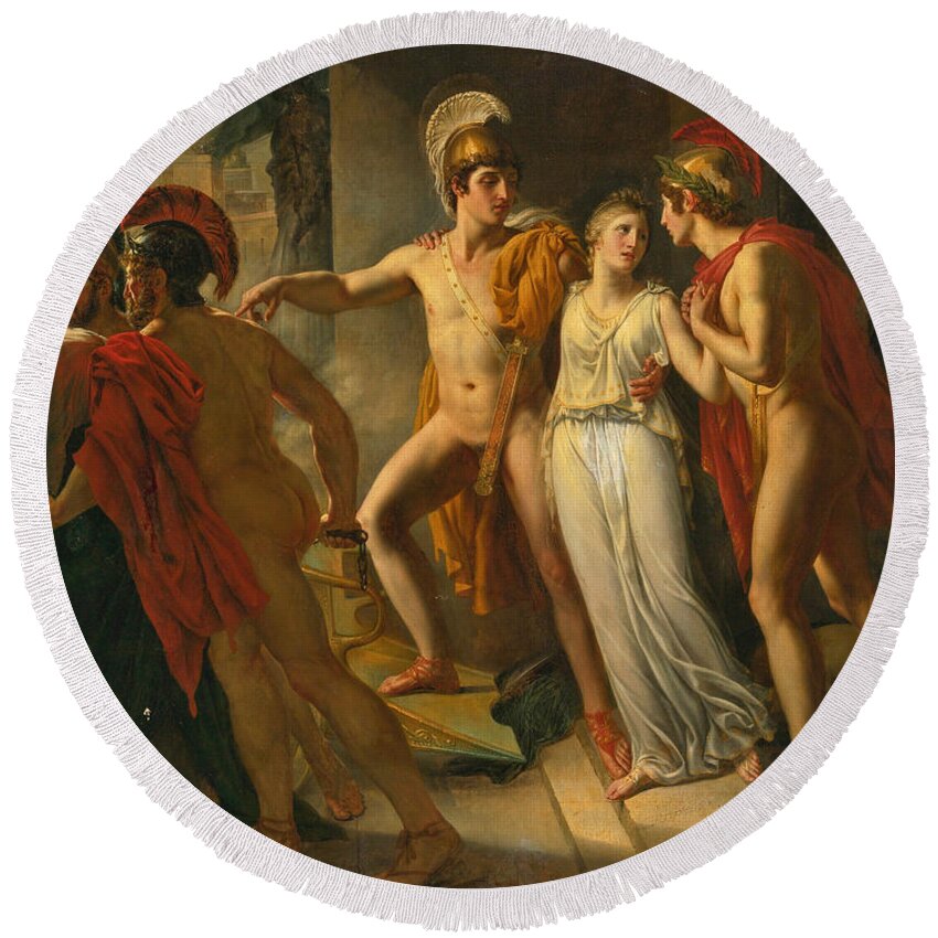Jean-bruno Gassies Round Beach Towel featuring the painting Castor and Pollux rescuing Helen #1 by Jean-Bruno Gassies