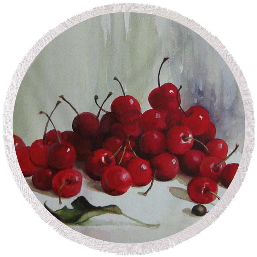 Fruits Round Beach Towel featuring the painting Cherries #1 by Elena Oleniuc