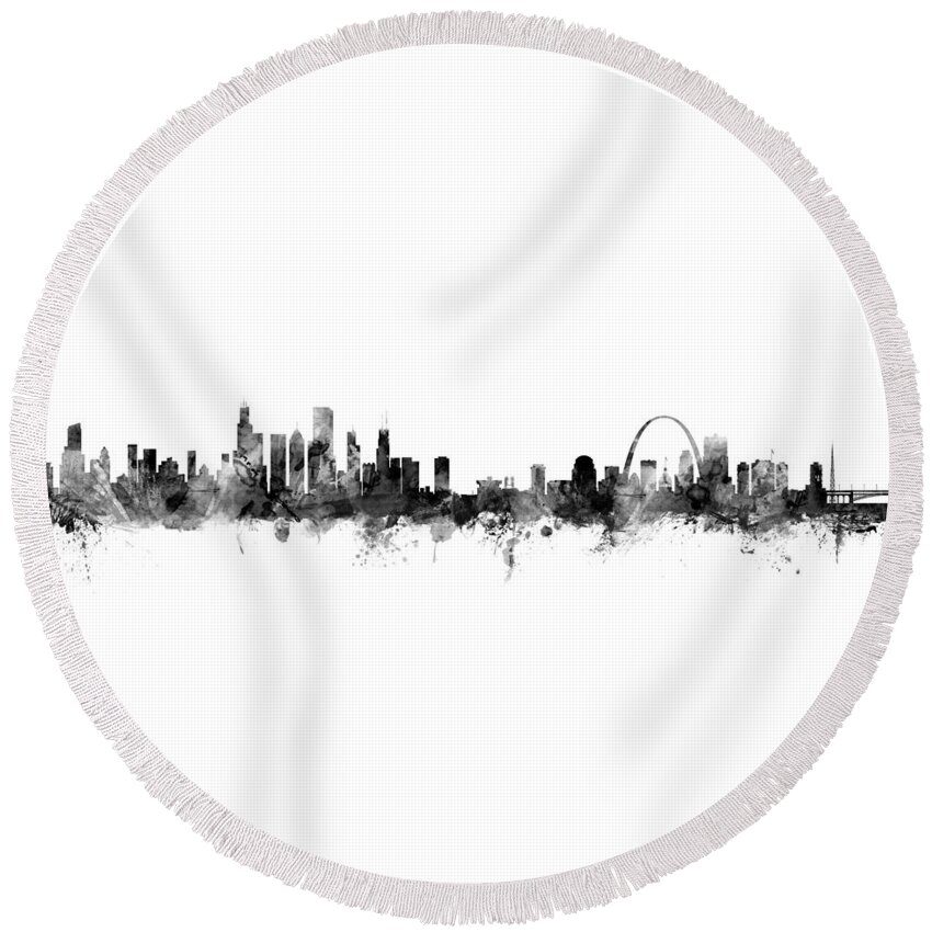 Chicago Round Beach Towel featuring the digital art Chicago and St Louis Skyline Mashup #1 by Michael Tompsett