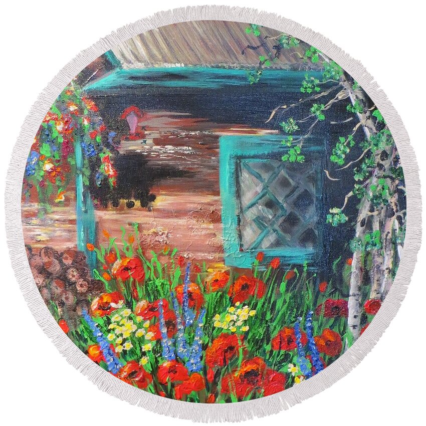 Cabin Round Beach Towel featuring the painting Chicago Creek Cabin by Marilyn Quigley