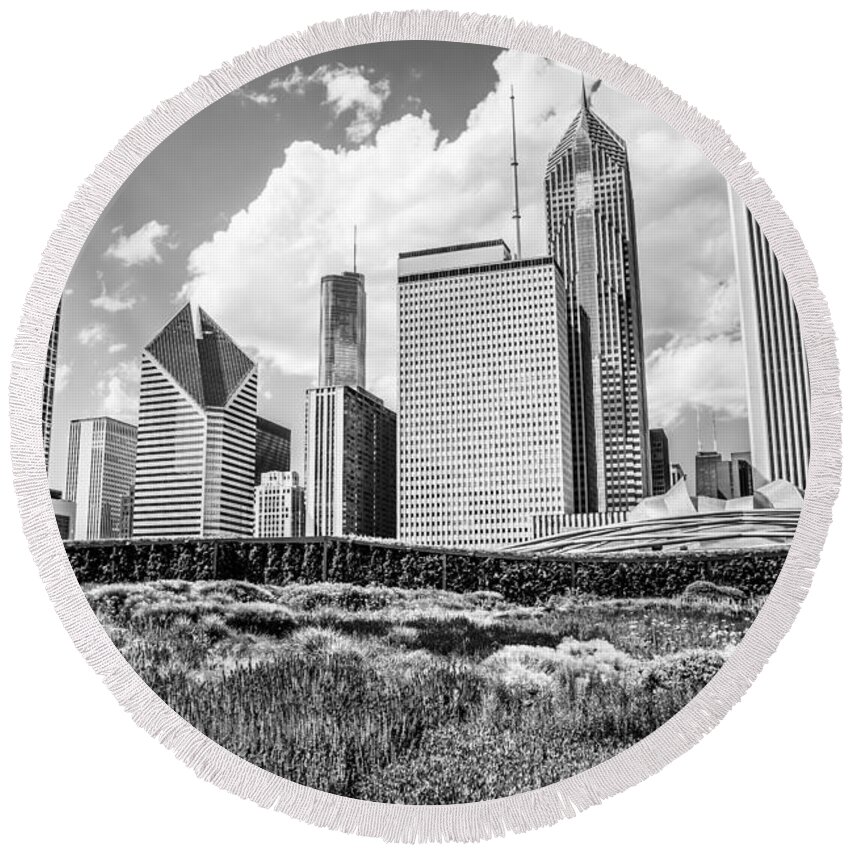 America Round Beach Towel featuring the photograph Chicago Skyline at Lurie Garden Black and White Photo #1 by Paul Velgos