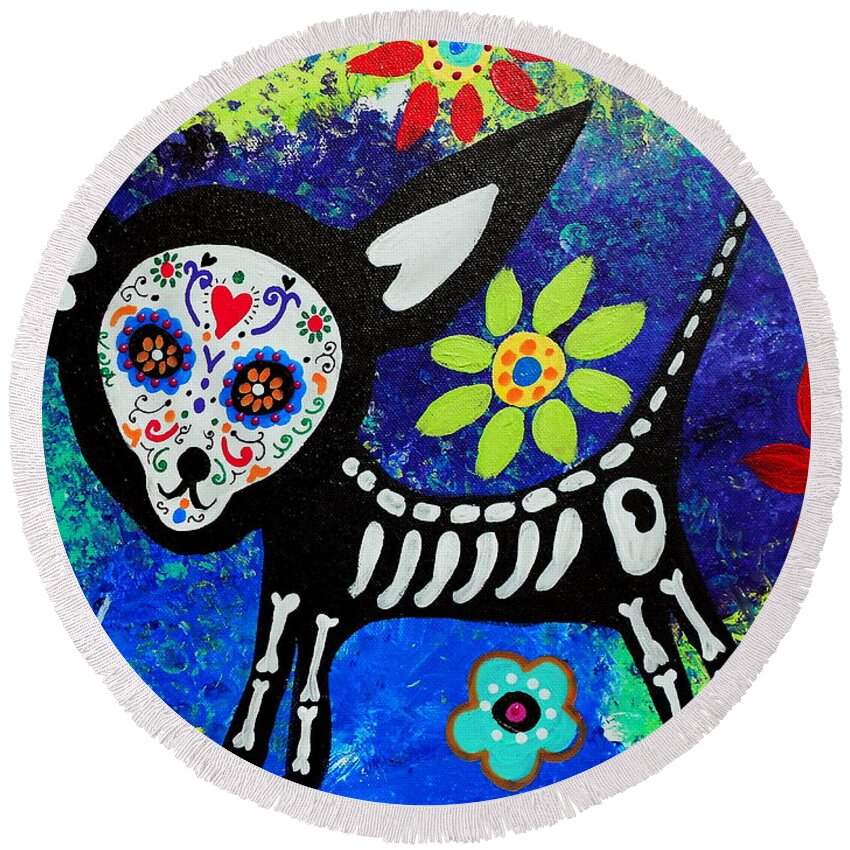 Day Of The Dead Round Beach Towel featuring the painting Chihuahua Day Of The Dead #1 by Pristine Cartera Turkus