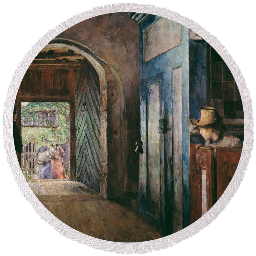 19th Century Art Round Beach Towel featuring the painting Christening in Tanum Church #2 by Harriet Backer