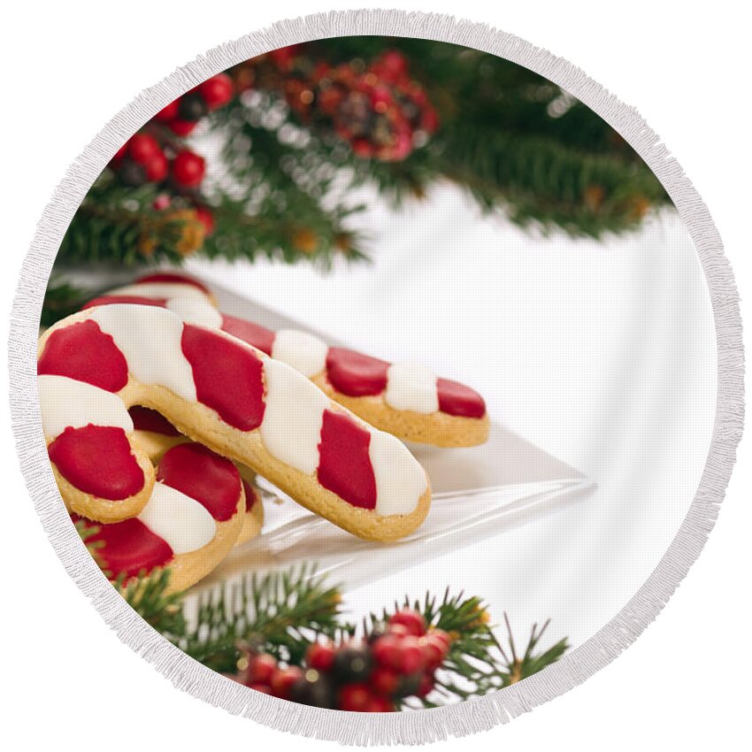 Icing Sugar Round Beach Towel featuring the photograph Christmas Cookies Decorated With Real Tree Branches #1 by U Schade