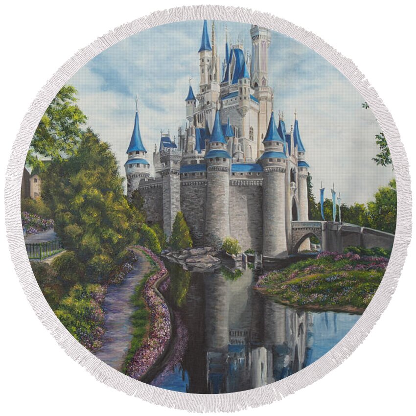 Disney Art Round Beach Towel featuring the painting Cinderella Castle by Charlotte Blanchard